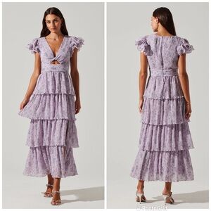 New ASTR‎ Emporia Lavender Purple Floral Print Pleated Tiered Midi Dress Small